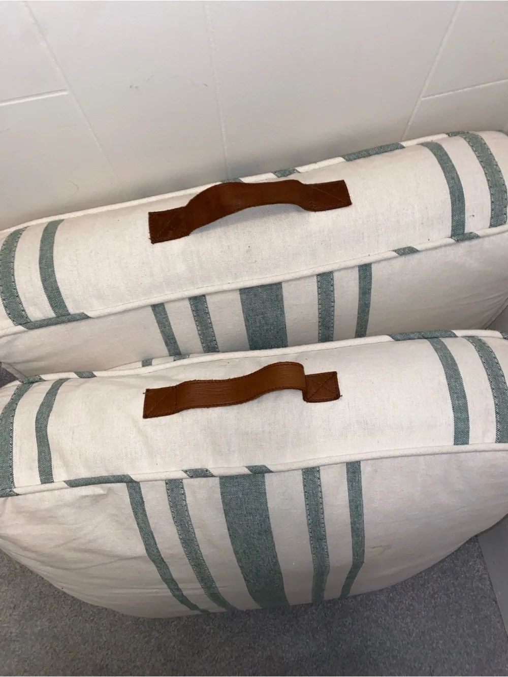 Neutral Stripe Floor Cushions with Leather Handle - White & Sage